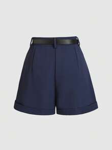 Vela Rue 女士金属腰带喇叭形斜纹布海军蓝短裤，休闲通勤办公春夏百搭 - 藏蓝色 - 查看 2