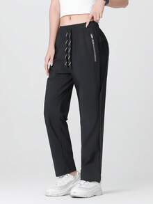 2pcs/Set Women Summer Ice Silk Sports Pants, Casual Elastic Fitness Yoga Straight Leg Trousers, Breathable Running Outdoor Mesh Pants Black Spring - Black - View 2
