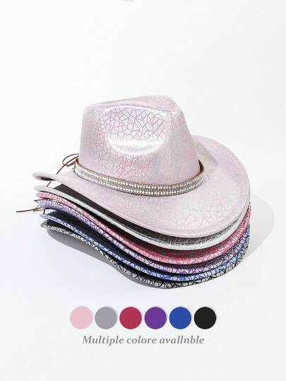 1pc Bohemian Style PU Leather Rhinestone Western Cowboy Hat, Versatile Fashion Accessory For Daily Wear, Unisex