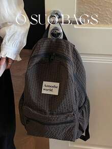 Large Capacity Fashionable Plaid Multi-Pocket Nylon Casual Backpack, Waterproof Lightweight Foldable Drawstring Patch Letter Travel Bag, Summer - Brown - View 8