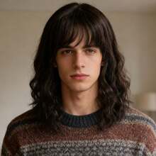 男士新款蓬松空气刘海羊毛卷发中长假发，合成全头假发，适合日常佩戴、派对、角色扮演、服装搭配