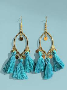 Retro Bohemian Round Tassel Long Earrings, New Vacation Style Textured Metal Earrings For Women - Bohemia - View 7