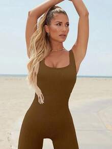 Womens Workout Winter Vest Long Jumpsuits Seamless Yoga Gym Bodycon Rompers Sexy Unitard Tummy Control - Brown Vest - View 4
