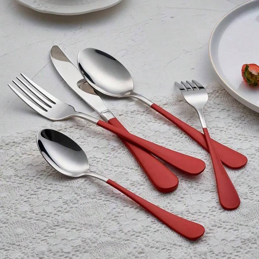 5/10/20件套不锈钢餐具，红银色餐具，光滑手柄，适用于生日、餐厅、派对、户外活动、聚会、情人节、母亲节、父亲节、送礼等场合。 - 彩色 - 查看 1