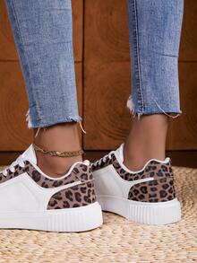 女士轻便系带低帮运动鞋 - 豹纹点缀休闲鞋，简约设计，适合跑步、步行和日常穿着，四季皆宜，时尚百搭的学生运动鞋 - 滑板鞋 - 训练鞋 - 棕色 - 查看 9