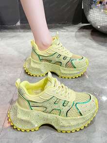 2025 New Starry Rhinestone Thick Sole White Sneakers For Women, Fashionable Elevated Casual Running Shoes, Ins Style - Yellow - View 5