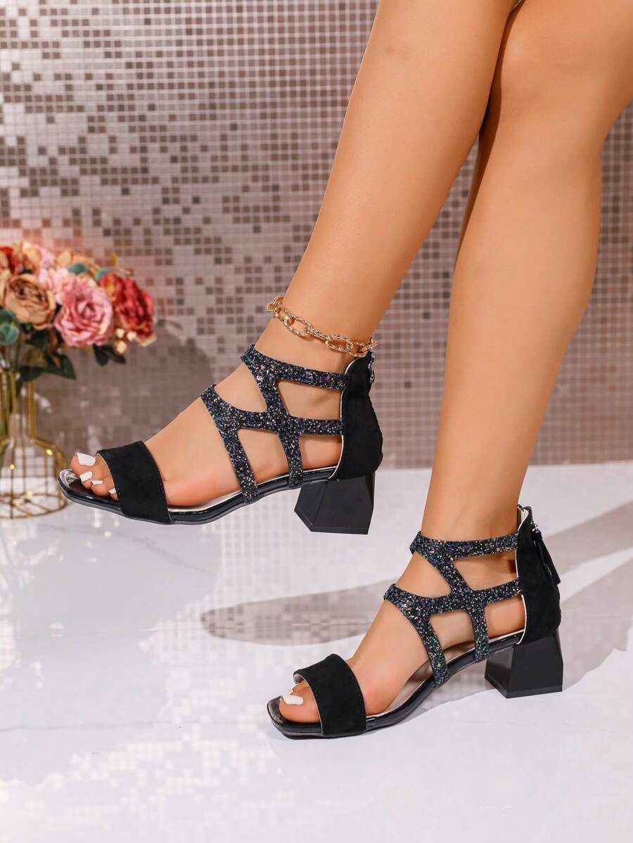 Girl's Rhinestone Low Heel Open Toe Round Toe Zipper Back High Heel Sandals, Chunky Heel, Braided Strap, Versatile, Spring/Summer New Arrival