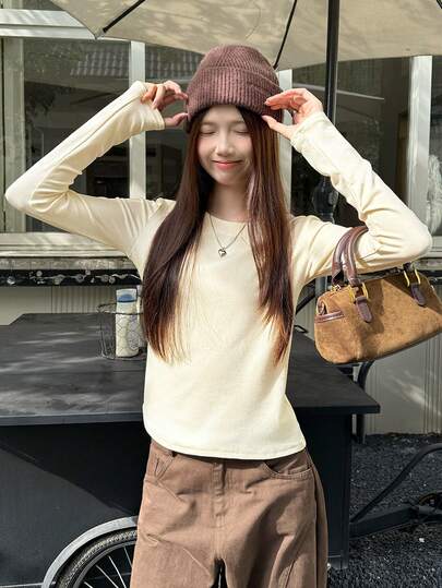 Casual Solid Color Long Sleeve T-Shirt, Versatile For Spring & Autumn