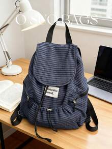 大容量时尚格子多口袋尼龙休闲背包，防水轻便可折叠抽绳字母贴布旅行包，夏季