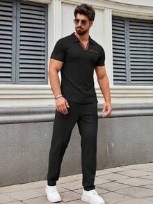 男士休闲套装，户外百搭高端男士华夫格领短袖口袋上衣和纯色长裤两件套 - 黑色 - 查看 4