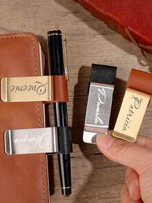1pc Customized Logo Stainless Steel & Leather Pen Holder, Pen Clip, Notebook Bookmark Organizer, Pen Case, Office Stationery, Accessories, Money Clip, TN Planner Pen Holder - Multicolor - View 4