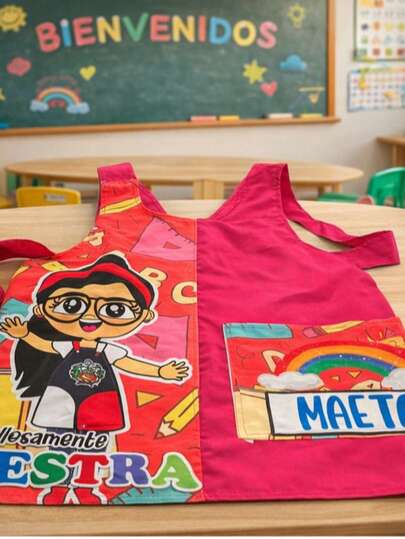 Bata para educadora con bolsa delantera, diseño sublimado.