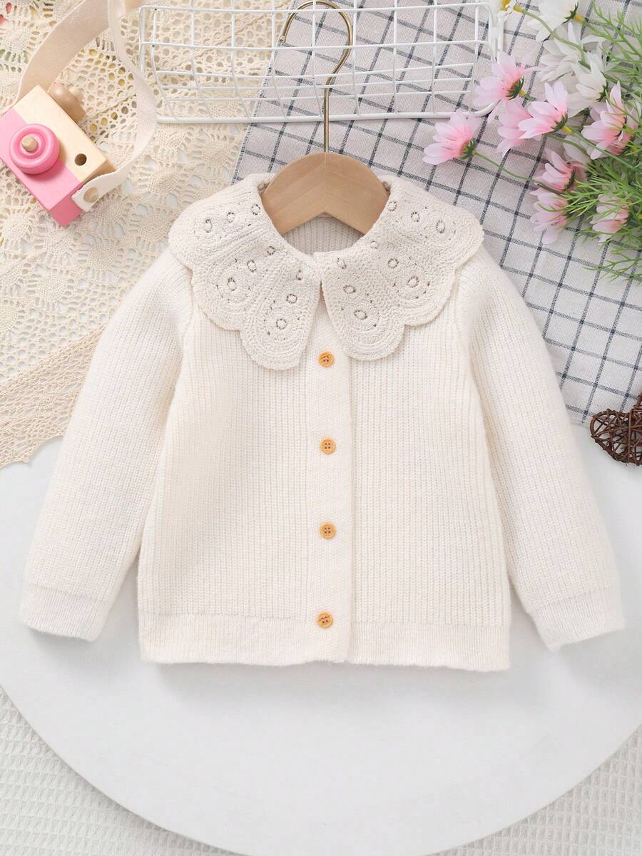 Áo len cardigan cổ ren trắng thêu đan cho bé gái, thích hợp mặc thường ngày hoặc đi chơi - trắng - Xem 1