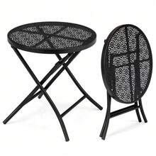 Black 18 Inch Folding Metal Steel Patio Side Table - Round Outdoor Coffee Table With Flower Cutouts For Yard Balcony Garden Use - 預設 - 查看 10