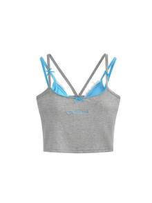2-In-1 Lace Camisole Top For Women, Bright Summer Outfit With Padded Bust, Layering Sleeveless Blouse - Grey - View 5
