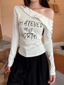 Oblique Shoulder Long Sleeve T-Shirt For Women, Letter Print Pleated Waist, High-End Early Autumn Undershirt - White - View 1