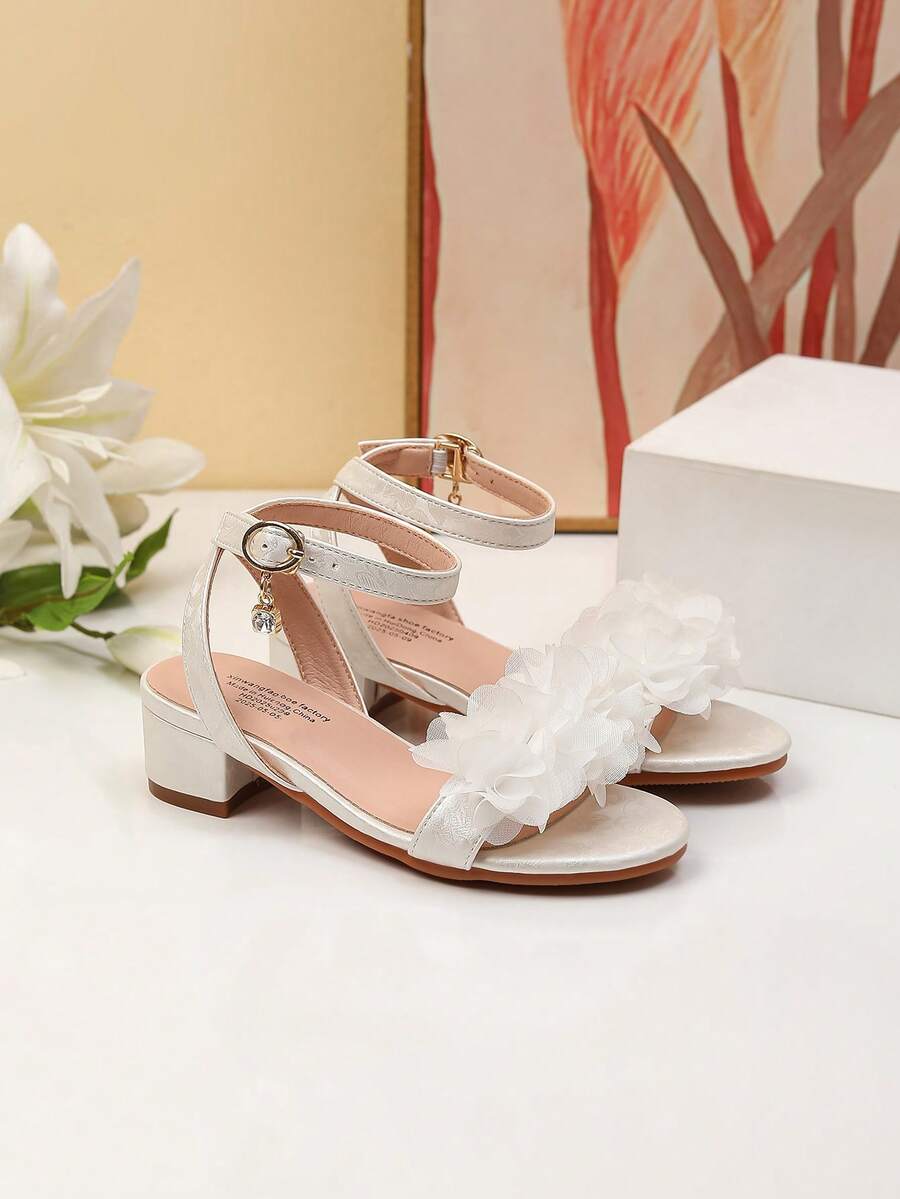 1 Par de Sandálias de Salto Alto Elegantes de Tecido Floral, Sapatos de Dança de Salto Alto para Meninas, Sandálias para Apresentação e Uso Diário de Estudantes, Sapatos de Casamento