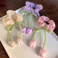 1-Piece Set/New Sweet And Versatile Tulip Flower Large Intestine Headband With High-End Temperament, Headband Tied High Ponytail Hair Accessory - 米色 - 查看 8