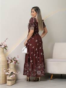Elegant Women's Long Dress With A Short-Sleeved Print. - Coklat - View 2