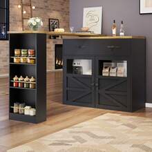 Ausziehbarer Bartisch Mit Stauraum(138-204*39*104cm) , 360° Drehbare Essbar,Modern Beweglicher Bar Table,Hochtisch Kücheninsel Bistro Table, Sideboardschrank Mit Regalen,Schwarz - Black - View 3