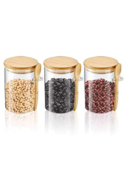 Kit Pote Hermético Pote De Vidro Com Tampa de Bambu e Colher 250ml Redondo Organizador De Cozinha