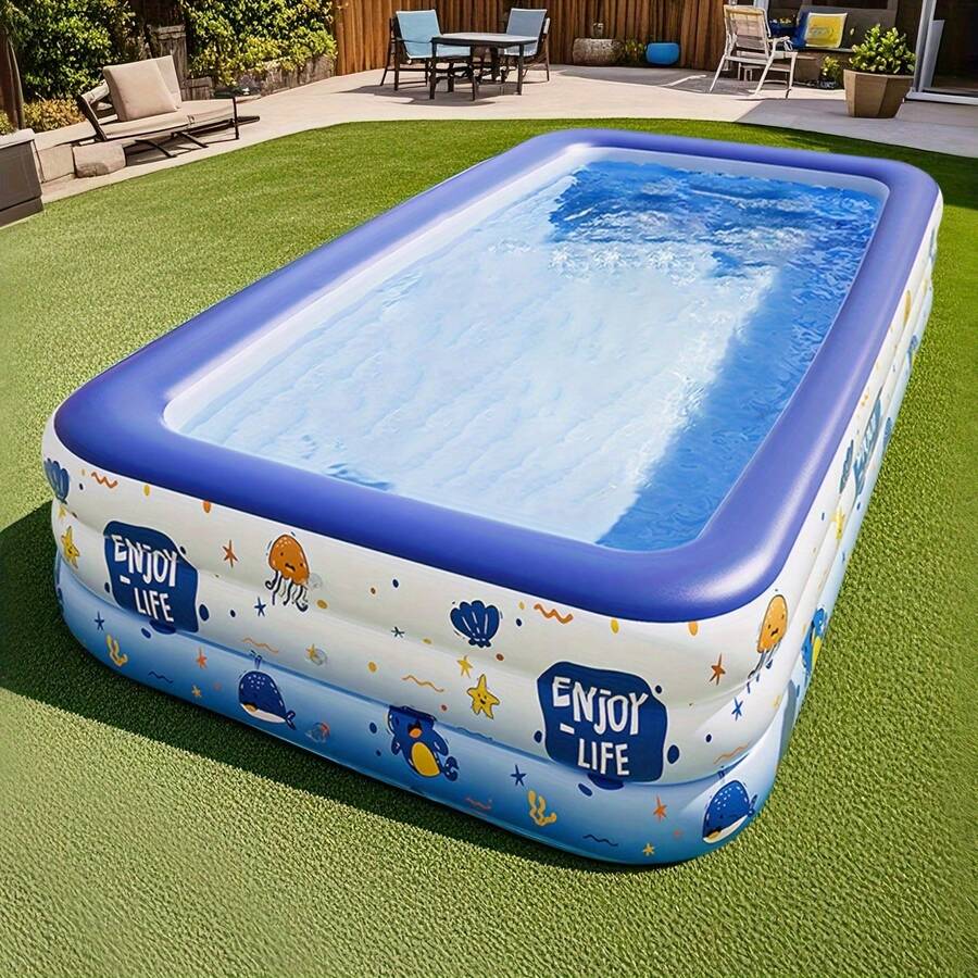 1 bể bơi bơm hơi cỡ lớn, thiết kế chủ đề đại dương, chất liệu PVC bền chắc, có thể gấp gọn và dễ dàng mang theo, thích hợp cho các buổi tiệc gia đình ngoài trời và giải trí sân vườn, bể bơi hình chữ nhật 3 tầng kèm nhiều phụ kiện, bể bơi trang trí sân hiên (Kích thước sản phẩm có thể có sai lệch nhỏ)