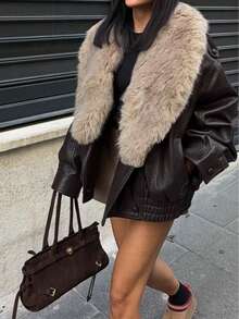 DEEKA Autumn/Winter New Women's Fashion European And American Style Casual Detachable Collar Faux Leather Jacket - Brown - View 7