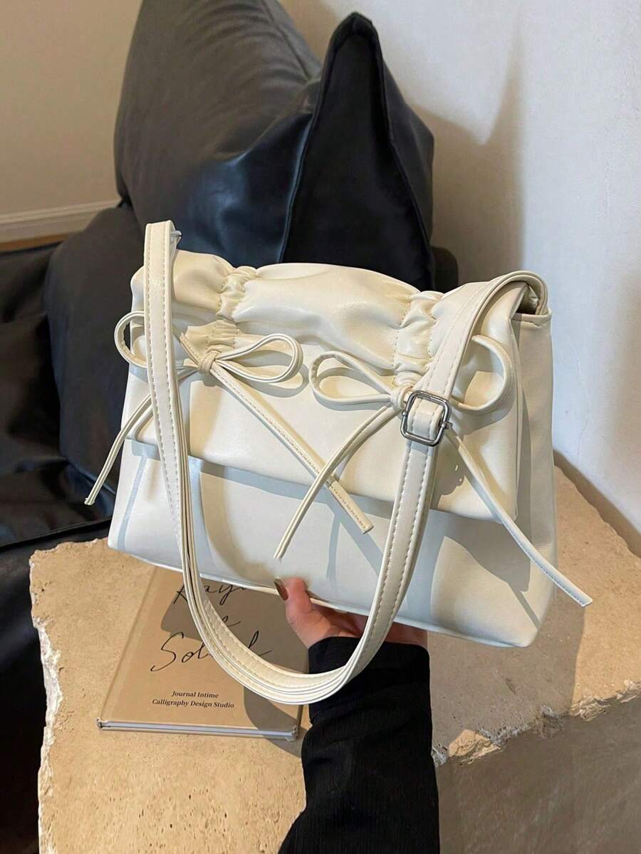 蝴蝶结装饰抽绳褶皱蝴蝶结PU材质翻盖拉链单肩包,配有可调节肩带,适合日常通勤,日式风格,情人节礼物,最佳情人节礼物之选 - 白色 - 查看 1