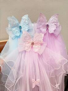 1个女童薄纱蝴蝶结发夹，公主面纱头饰，飘逸丝带马尾夹发饰 - 彩色 - 查看 3