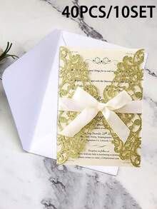 40 piezas/10 sets Invitaciones de boda con forma de rosa hueca dorada con brillo, con sobres y tarjetas de respuesta, adecuadas para bodas, despedidas de soltera, fiestas de compromiso, banquetes, tamaño de invitación 5*7 pulgadas, incluye cinta de satén anudada previamente - Multicolor - Ver 15