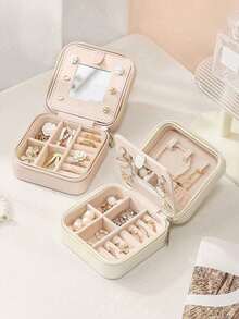 1pc Travel Jewelry Box, Small PU Leather Jewelry Storage Box With Mirror, Jewelry Organizer For Women, Compact Jewelry Box For Earrings, Necklaces, Rings, Travel Essentials, Bridesmaid Gift, Mother's Day Gift, Easter Gift - Jewelry Box With Mirror - View 4