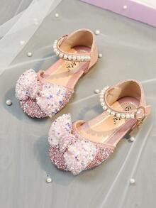 1 Pair Girls' Sweet Princess Bow Rhinestone Summer Sandals, Casual Versatile Flat Slide Sandals, Suitable For Toddler, Little, And Big Kids - Pink - View 2