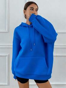 Women's Casual Pullover Sweatshirt - Lightweight Loose Hoodie With Kangaroo Pocket, Soft Long Sleeve Solid Color Hooded Top, Comfortable All-Season Wear For Spring,Women's Lightweight Casual Hoodie - Soft Long Sleeve Pullover With Drawstring Hood & Front Pockets, Relaxed Fit Solid Color Sweatshirt, Perfect Spring Everyday Essential - 寶藍色 - 查看 1