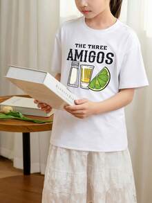 Tween Girls Students Casual Printed White Round Neck Short Sleeve T-Shirt, Summer Top - White - View 2