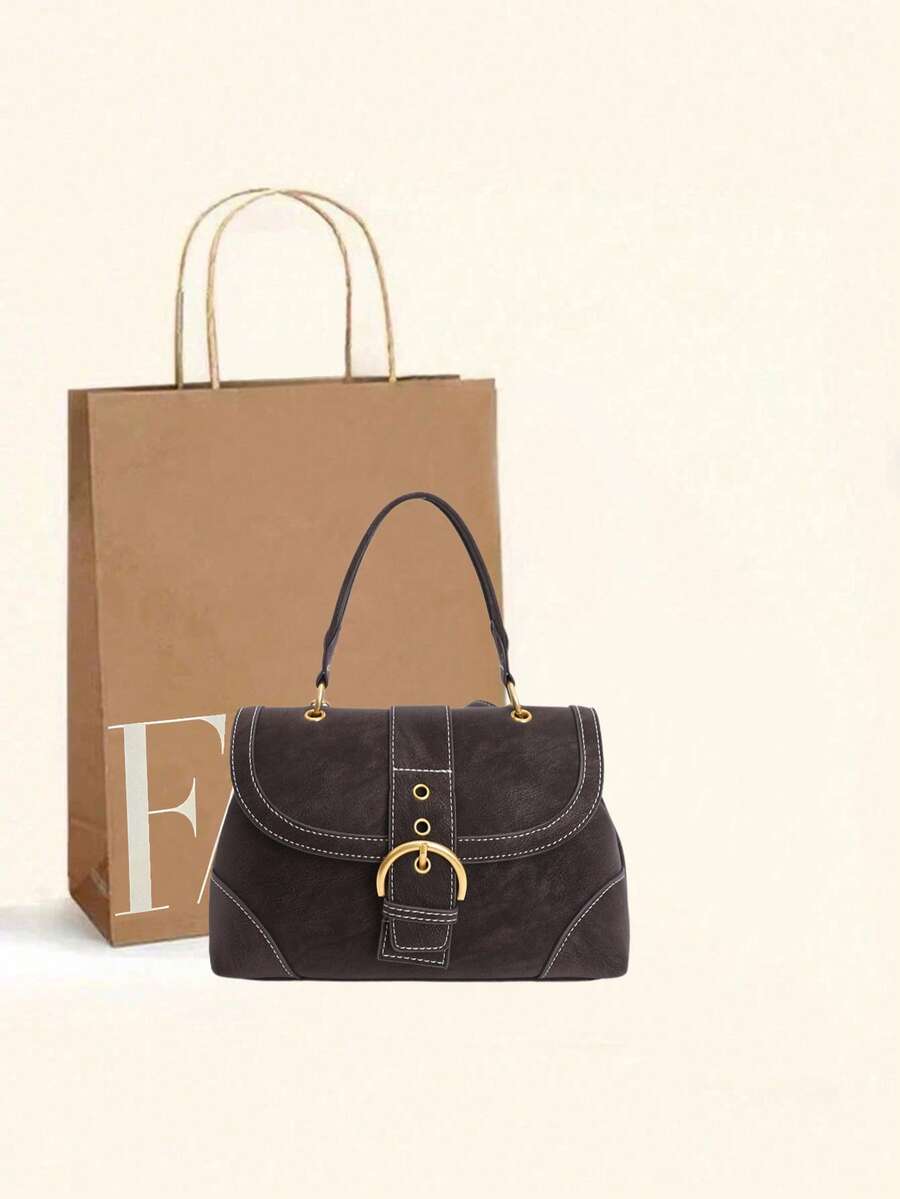 Niche Design Vintage PU Women's Handbag, Fashionable Structured Crossbody Bag With Adjustable Long Shoulder Strap, Buckle And Eyelet Hardware, Suitable For Daily Commute, Shopping, Dating, Casual Versatile Shoulder Bag