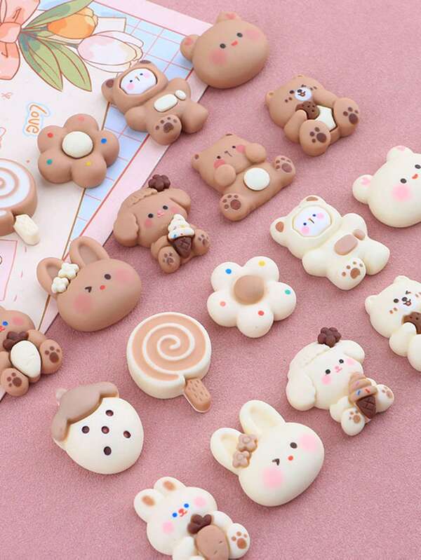 10m Custodia per telefono, calamita per frigorifero, accessori per capelli in resina con motivo a orso marrone e animali cartoni animati, colore crema, consegna casuale