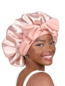 1 pièce Bonnet de nuit élastique léger en satin avec nœud papillon, bonnet de douche de couleur unie pour femmes et filles, noir, chapeau de sommeil en soie - Prune - Voir 3