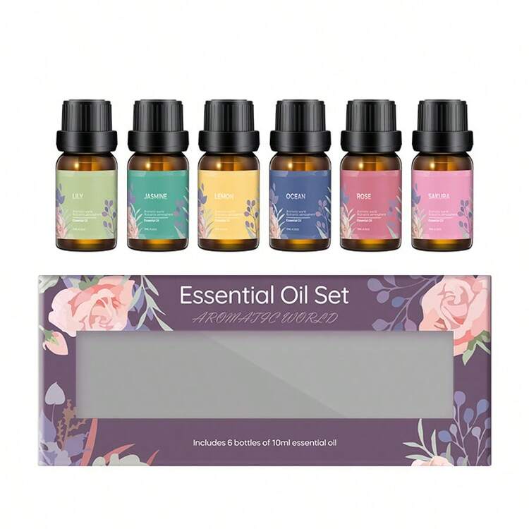 Set de 6 piezas de aceites esenciales aromáticos, con aroma a plantas, que incluye difusor, vela, piedra aromática, humidificador, difusor de coche y recambio de aceite para uso doméstico - Sándalo - Añade 17