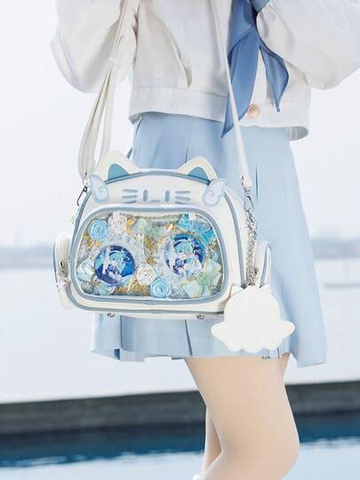 1pc Cute Y2K Anime Cat Backpack, Kawaii High-Quality Anime Convention JK Bag With Cat Paw Charm, Transparent Pockets To Display Figurines, DIY Ita Bag, Chic Minimalist Travel Backpack, Detachable Straps For Shoulder/Crossbody Bag, Versatile For Commute, Student, Shopping, Party, Displaying Anime Goods, Travel And More