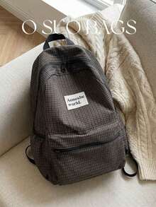 Large Capacity Fashionable Plaid Multi-Pocket Nylon Casual Backpack, Waterproof Lightweight Foldable Drawstring Patch Letter Travel Bag, Summer - Brown - View 11