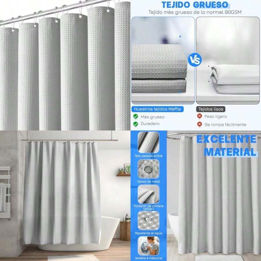 Cortina de Baño para Dunch 180 x 180 CM, Cortina para Baño de Tela Impermeable y Antimoho con 12 Ganchos, Cortina de Ducha de Tela ,Ojales de Metal, para Duchas de Baño y Bañeras ()(Gris) - Multicolor - Ver 1