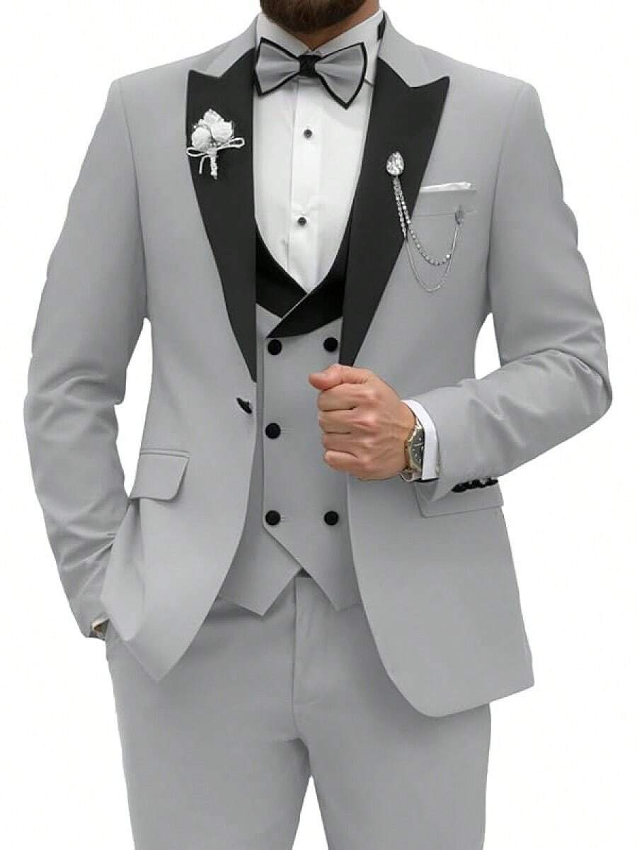 2026 Men's Casual Blazer & Pant Set Men's Tuxedo Suit 3 Piece Slim Fit Suit For Men Tuxedo For Men Wedding Party Dinner Prom Relaxed Stretch Fit For Smart Casual Events - 銀灰色 - 查看 1