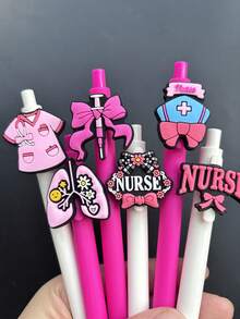 5/10支装粉色系列护士笔，护士主题按动式圆珠笔，适合作为医生、护士、医务助理和学生礼物，护士节礼物，医用笔套装，随机款式 - 黑色 - 查看 3