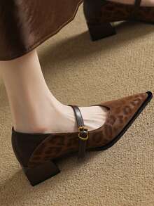 Women's Retro Mary Jane Single Strap Leather Shoes New Autumn Fashion Pointed Toe Chunky Heel Low-Top Women Shoes - Brown - View 2