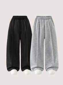 2pcs/Set Girls Straight Leg Sweatpants, Casual Loose Fit Solid Color Trousers, Black & Gray, Spring/Autumn