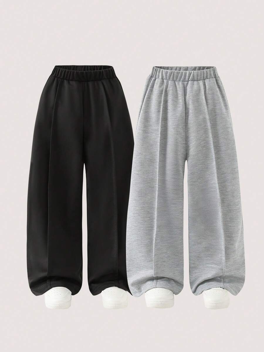 2pcs/Set Girls Straight Leg Sweatpants, Casual Loose Fit Solid Color Trousers, Black & Gray, Spring/Autumn