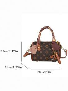 Minimalist Fashionable Handbag Made Of PU Fabric With Exquisite Pattern, Featuring Dual Handles, Pendant And Silk Scarf Accent, Combining Style And Elegance. Ideal For Women, Female College Students, Commuters, And Various Occasions, Also A Great Gift For Friends And Family. - Brown - View 2