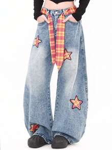 Quần jeans ống rộng rách họa tiết ngôi sao dành cho nữ (kèm thắt lưng) - Màu xanh lam - Xem 5