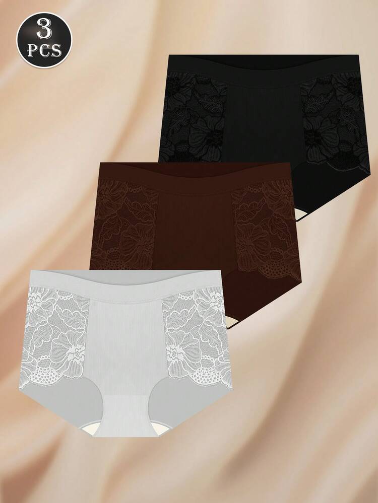 MEIYATING 3 piezas Bragas de mujer de cintura alta con parches de encaje y malla floral, sin costuras, transpirables y sexys con diseño calado, adecuadas para el uso diario - Multicolor - Añade 7