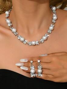 3件套仿珍珠花卉婚礼首饰套装 - 项链和耳环，适合正式场合，新娘配饰 - 80854301 - 查看 16